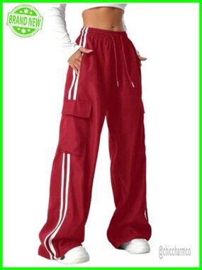 QJQ Women's Cargo Pants Baggy Wide Leg Drawstring Waist Striped Track Pants